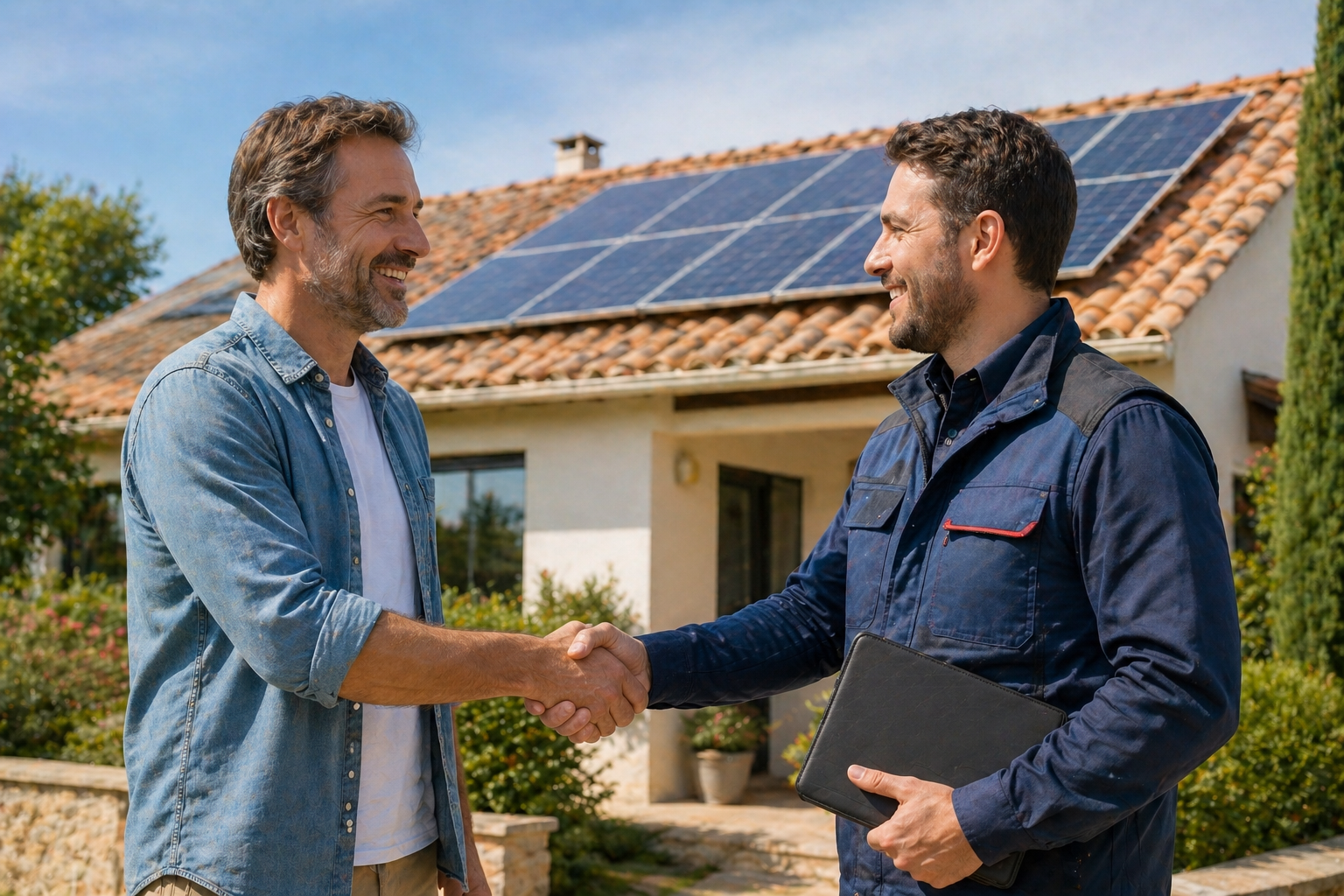 Homeowner shaking hands with solar expert in front of house with rooftop solar panels
