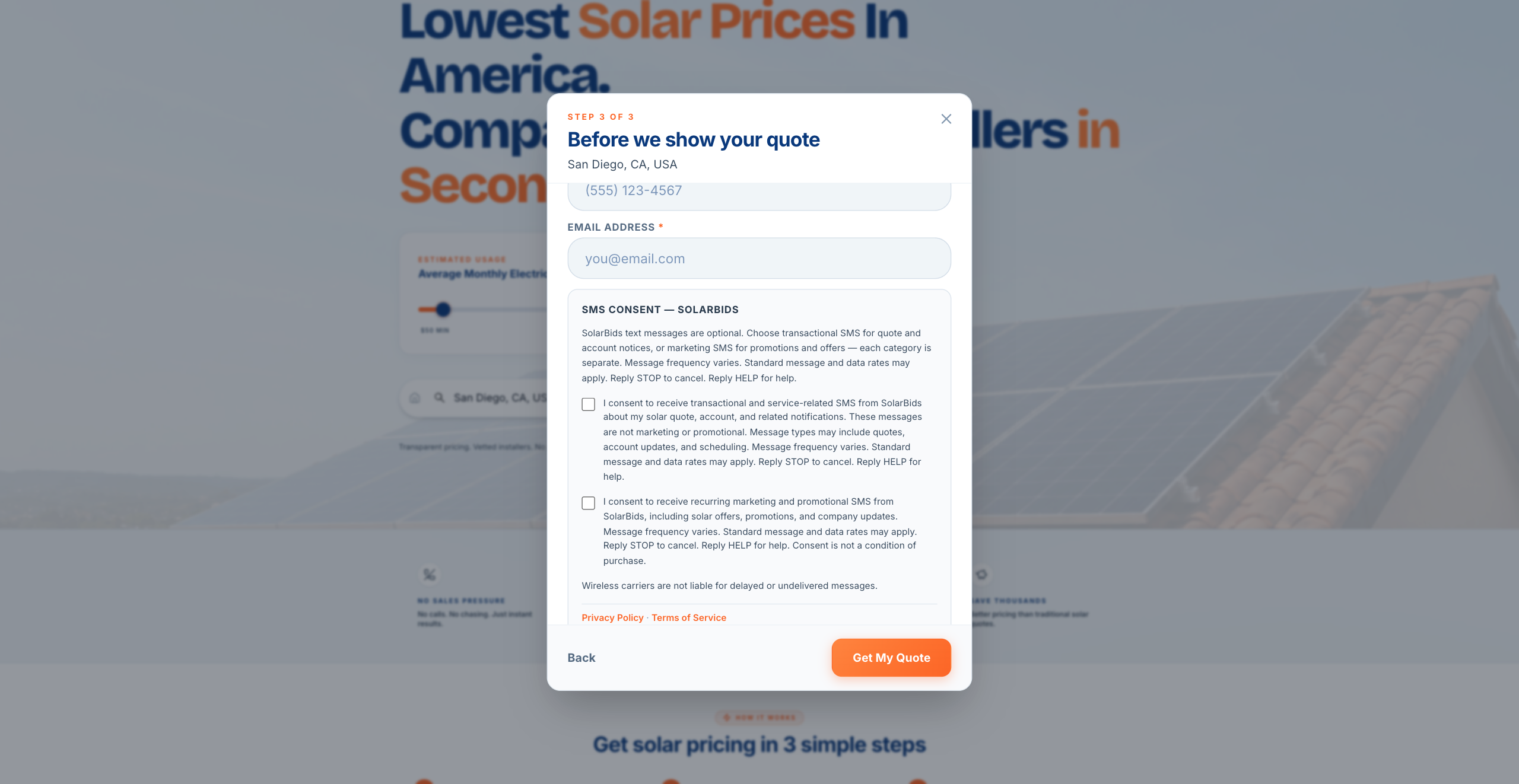 SolarBids quote form SMS consent checkboxes — both unchecked by default