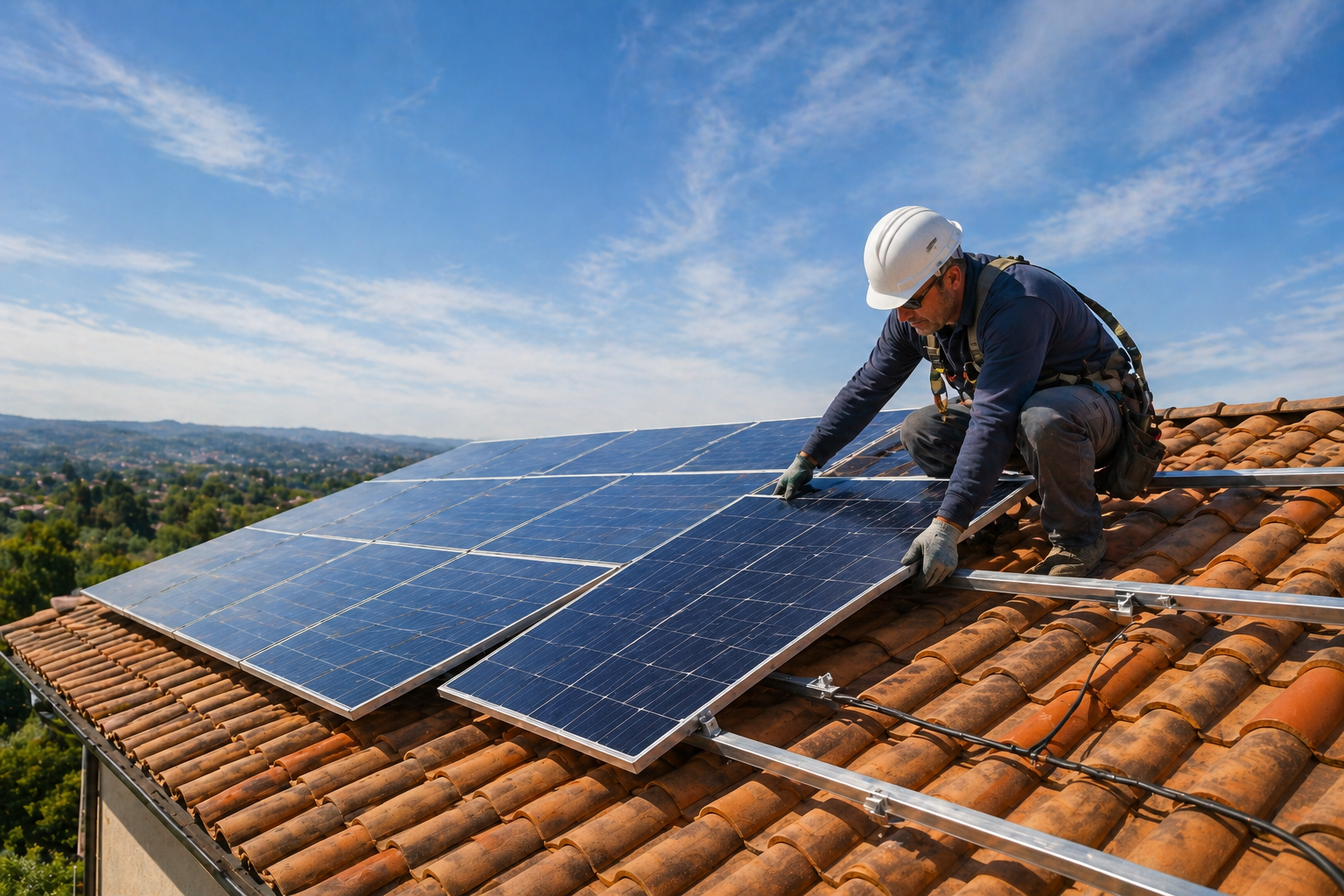 Professional solar installer mounting panels on a tiled roof with safety gear on a sunny day